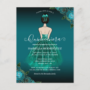 Floral Teal Princess Gold Birthday Quinceañera Postcard
