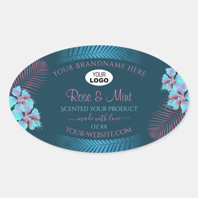Floral Teal Product Labels Pink Palm Leaves Logo (Front)
