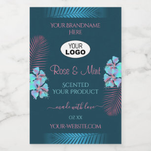 Floral Teal Product Labels Pink Palm Leaves Logo