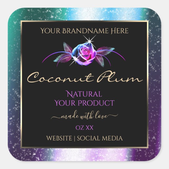 Floral Teal Purple Glitter Black Product Labels (Front)