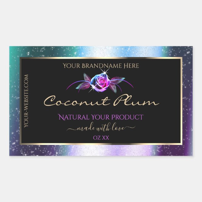 Floral Teal Purple Glitter Black Product Labels (Front)