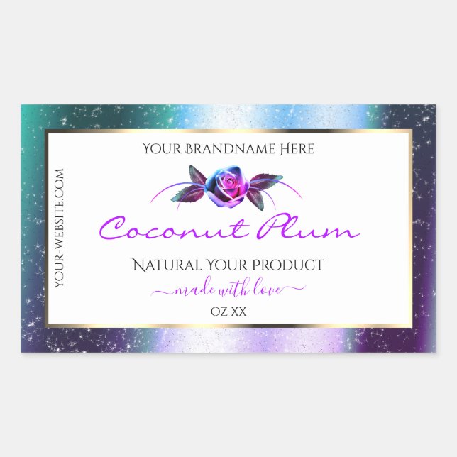 Floral Teal Purple Glitter White Product Labels (Front)