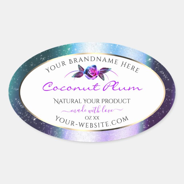 Floral Teal Purple Glitter White Product Labels (Front)