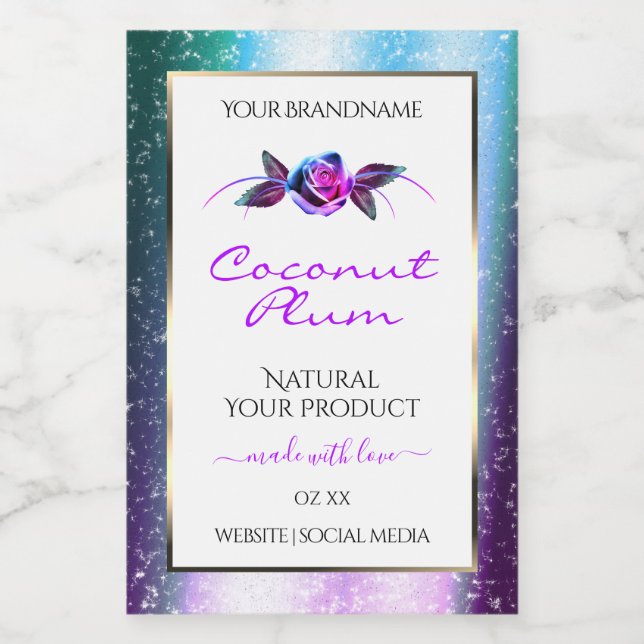 Floral Teal Purple Glitter White Product Labels (Single Label)