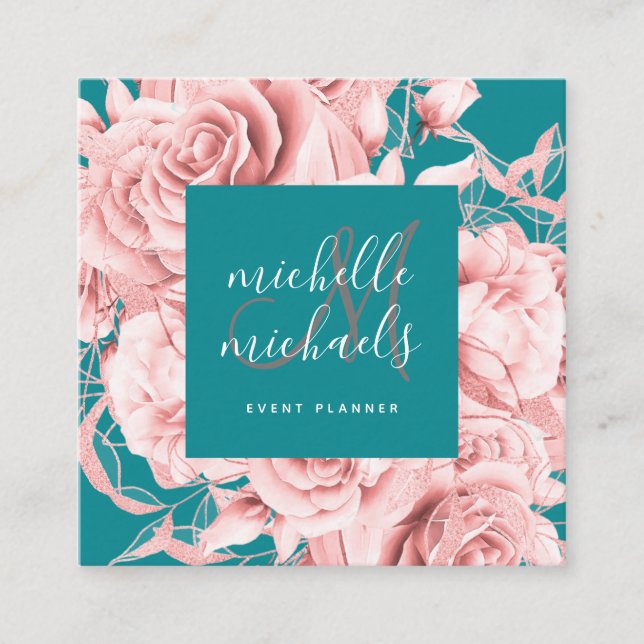Floral Teal & Rose Gold Modern Script Monogram Square Business Card (Front)