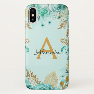 Floral Teal Roses and Gold Foil Monogram iPhone X Case