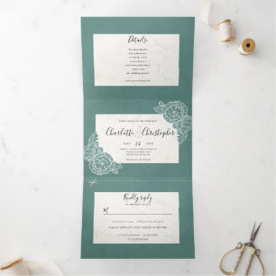 floral teal textured tri-fold all in one wedding