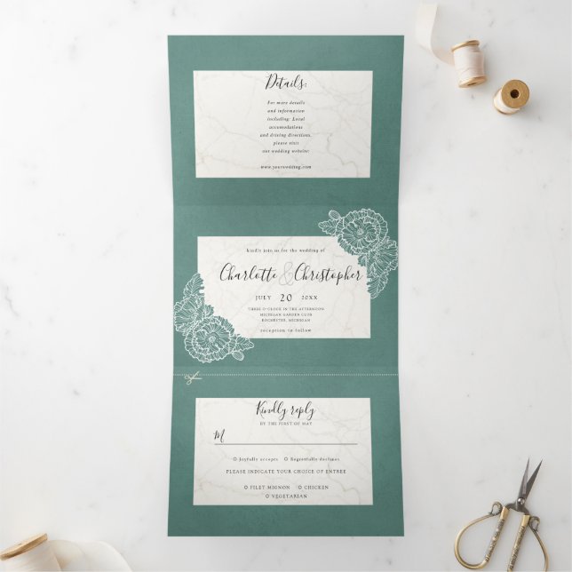 floral teal textured tri-fold all in one wedding (Inside)