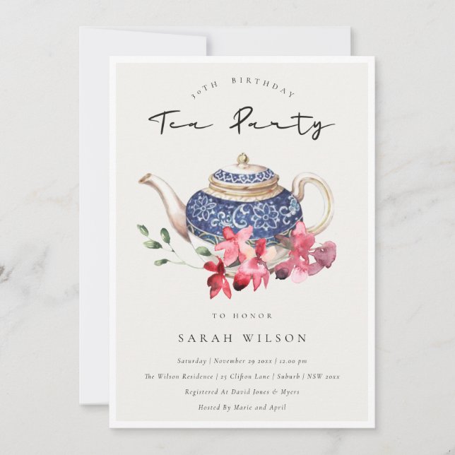 Floral Teapot Any Age Birthday Tea Party Invite (Front)