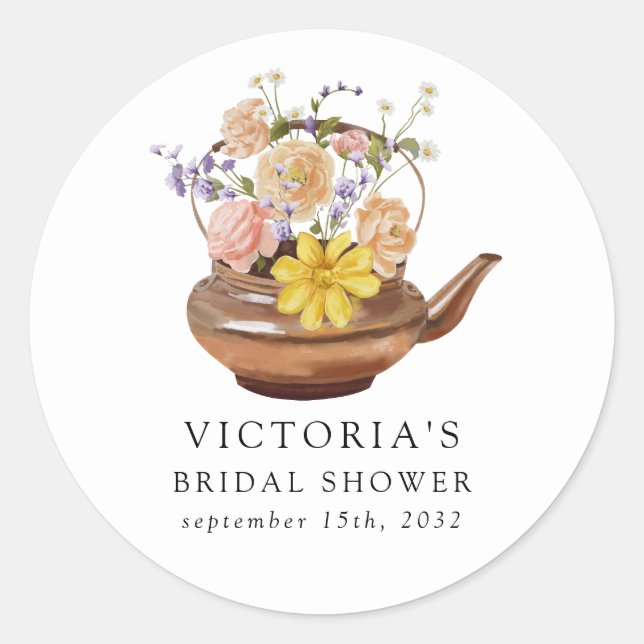 Floral Teapot Bridal Shower  Classic Round Sticker (Front)