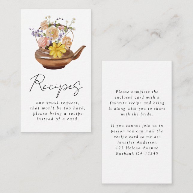 Floral Teapot Bridal Shower Recipe Request Enclosure Card (Front/Back)
