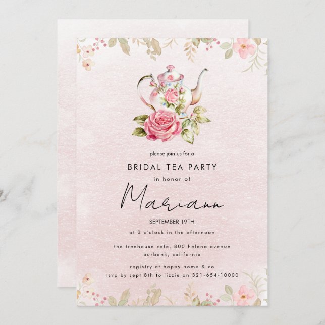 Floral Teapot Bridal Shower Tea Party Invitation (Front/Back)