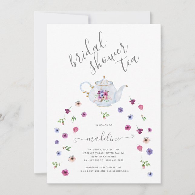Floral Teapot Bridal Shower Tea Party Invitation (Front)