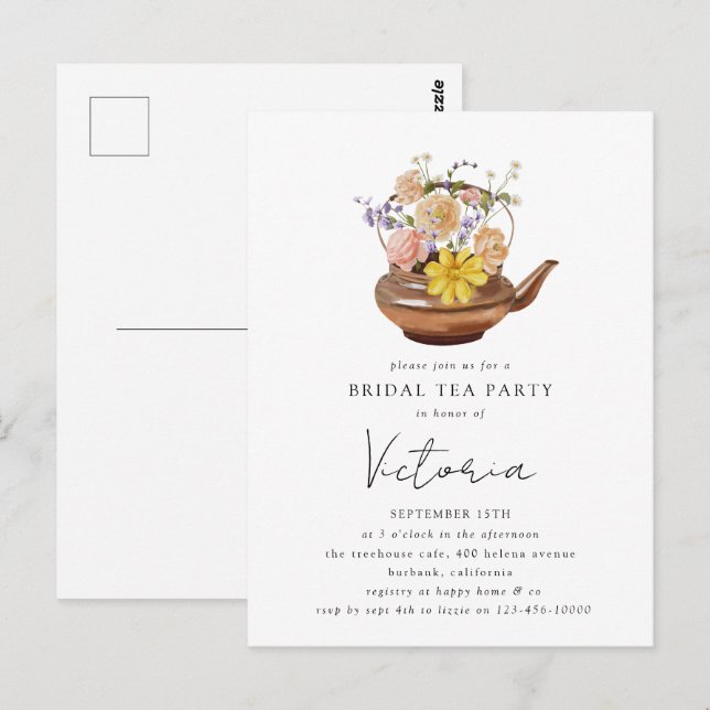 Floral Teapot Bridal Shower Tea Party Invitation Postcard (Front/Back)