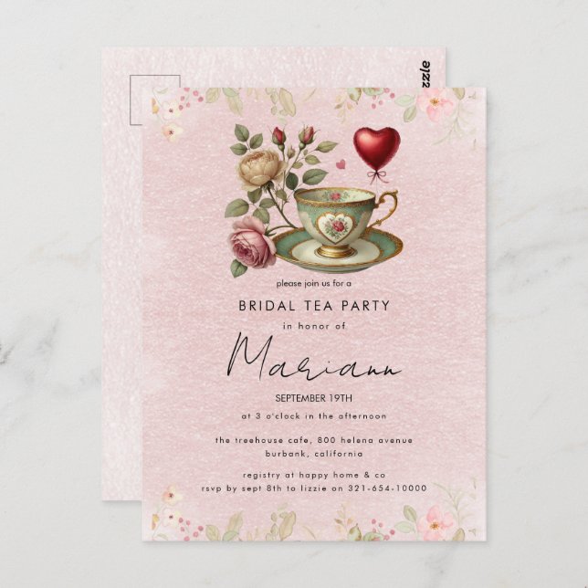 Floral Teapot Bridal Shower Tea Party Invitation Postcard (Front/Back)