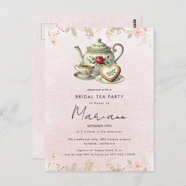 Floral Teapot Bridal Shower Tea Party Invitation Postcard (Front/Back)