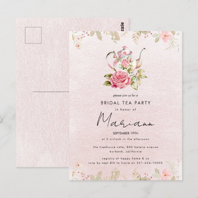 Floral Teapot Bridal Shower Tea Party Invitation Postcard (Front/Back)