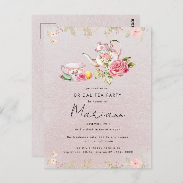 Floral Teapot Bridal Shower Tea Party Invitation Postcard (Front/Back)