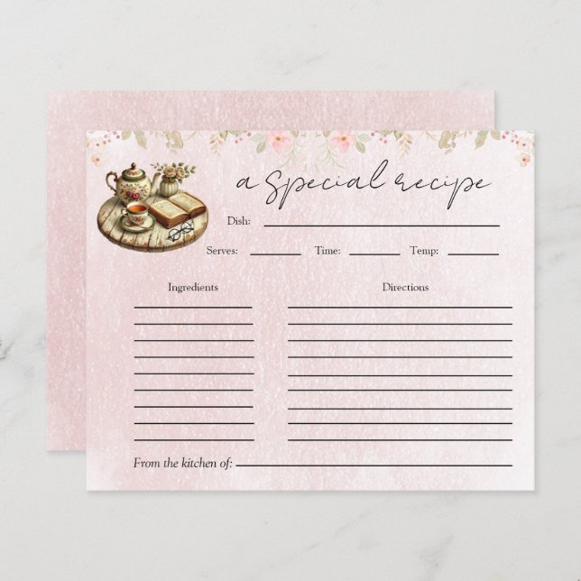 Floral Teapot Bridal Shower Tea Party Recipe Card (Front/Back)