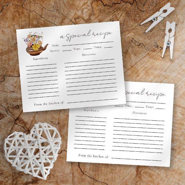 Floral Teapot Bridal Shower Tea Party Recipe Card (Creator Uploaded)