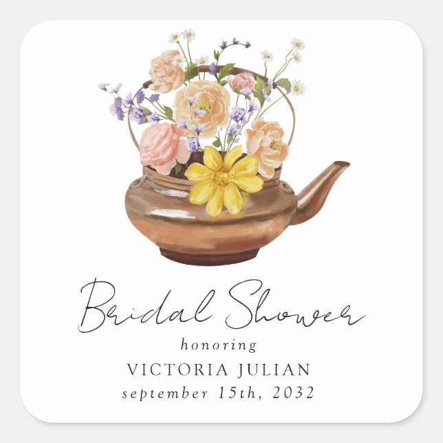 Floral Teapot Bridal Shower Tea Party Square Sticker (Front)