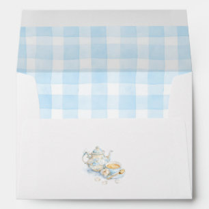 Floral Teapot Cup Of Tea Blue Bow Gingham Envelope