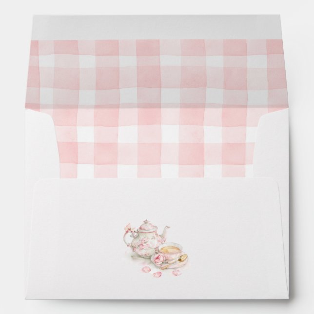 Floral Teapot Cup Of Tea Pink Bow Gingham Envelope (Back (Bottom))