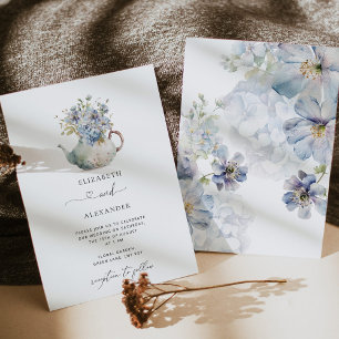 Floral teapot elegant blue wedding invitation