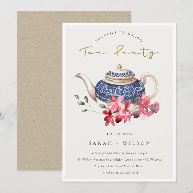 Floral Teapot Red Blue Holiday Tea Party Invite (Front/Back)