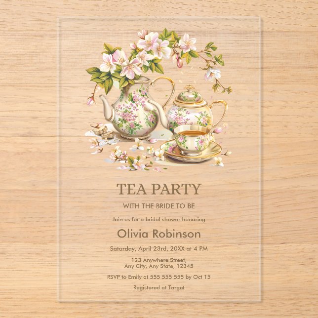 Floral Teapot Tea Party Bridal Shower  Acrylic Invitations (Front)