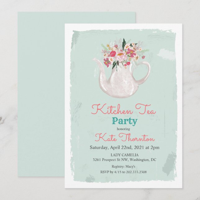 Floral Teapot Tea Party Kitchen Tea Invitation (Front/Back)