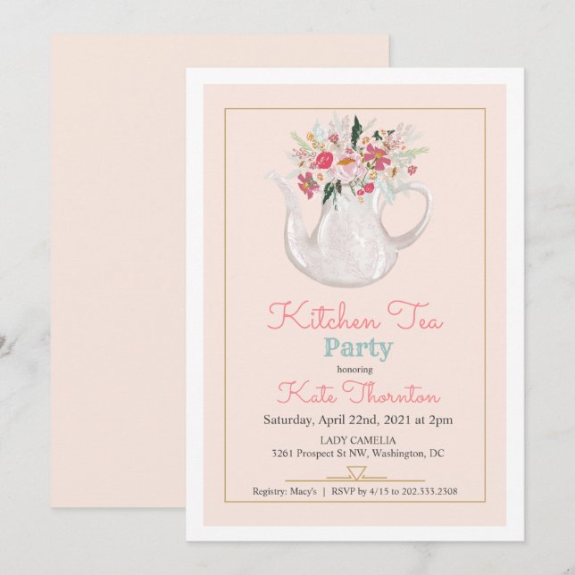 Floral Teapot Tea Party Kitchen Tea Invitation (Front/Back)