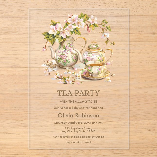Floral Teapot Tea Party Time for Tea Baby Shower  Acrylic Invitations (Front)