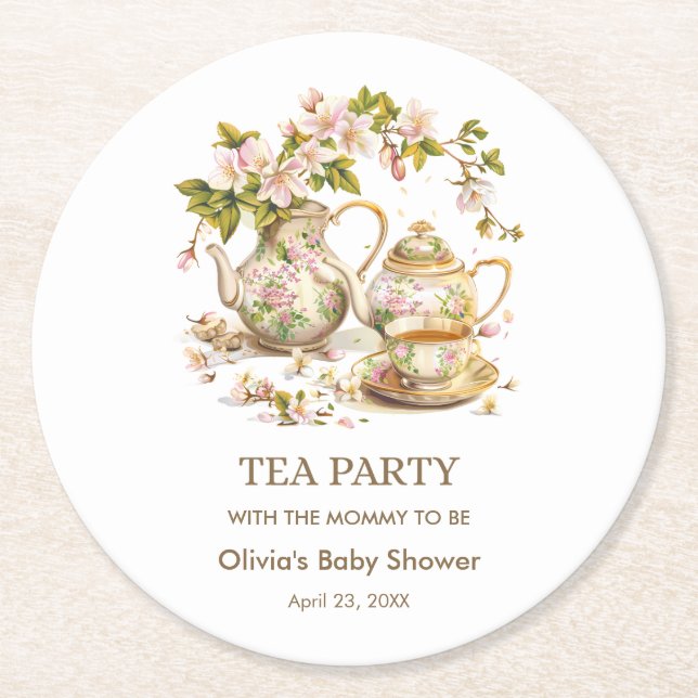 Floral Teapot Tea Party Time for Tea Baby Shower  Round Paper Coaster (Front)
