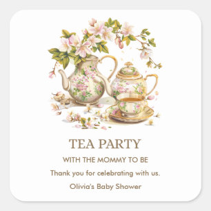 Floral Teapot Tea Party Time for Tea Baby Shower  Square Sticker