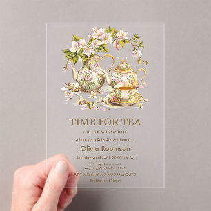 Floral Teapot Time for Tea Baby Shower  Acrylic Invitations