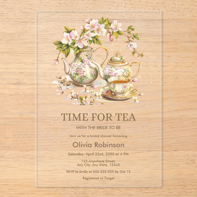 Floral Teapot Time for Tea Bridal Shower  Acrylic Invitations (Front)