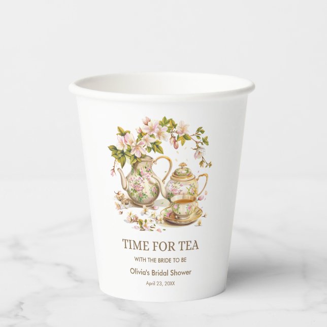 Floral Teapot Time for Tea Bridal Shower  Paper Cups (Front)