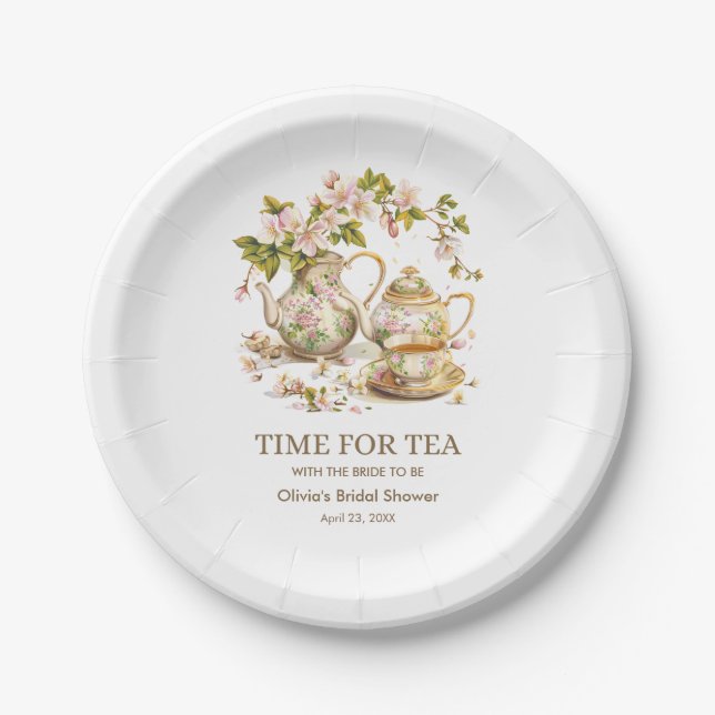 Floral Teapot Time for Tea Bridal Shower  Paper Plate (Front)