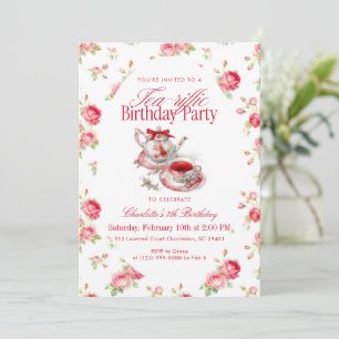 Floral Teapot Watercolor Girl Birthday Tea Party Invitation