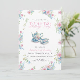 Floral Teapot Watercolor tea for two Birthday Invitation