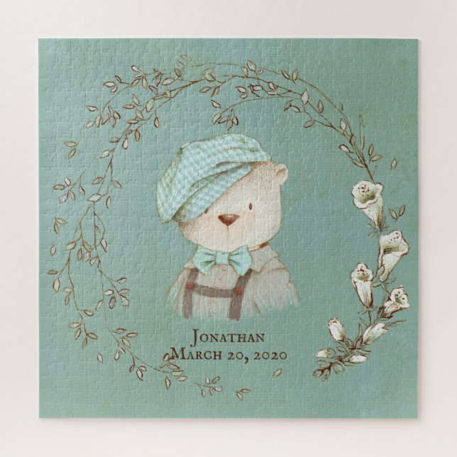 Floral Teddy Bear Hat Name Birth Announcement Jigsaw Puzzle (Vertical)