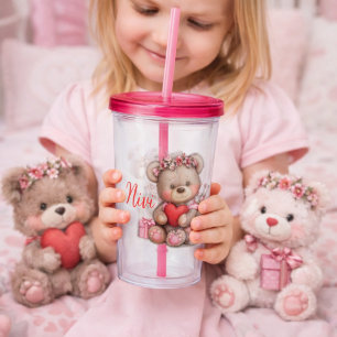 Floral Teddy Bear Holding Heart Acrylic Tumbler