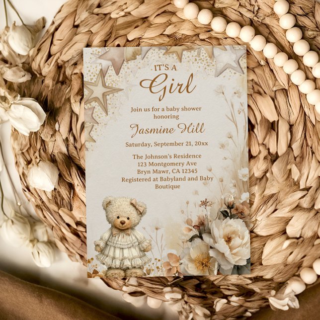 Floral Teddy Bear It’s a Girl Baby Shower Invitation (Creator Uploaded)