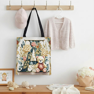 FLoral Teddy Bear letter A Baby Tote Bag