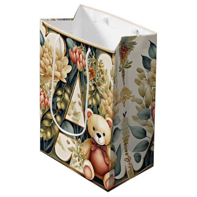 FLoral Teddy Bear letter A Medium Gift Bag (Front Angled)