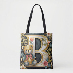 FLoral Teddy Bear letter B baby Tote Bag