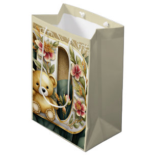 FLoral Teddy Bear letter D Medium Gift Bag