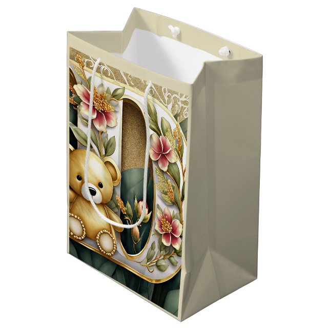 FLoral Teddy Bear letter D Medium Gift Bag (Front Angled)