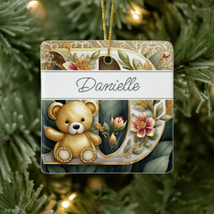 FLoral Teddy Bear letter D personalised Ceramic Ornament